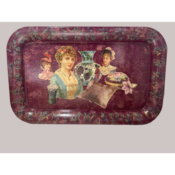 Victorian Decopage Tray Handpainted Decor Serving Piece - Picture 1 of 3